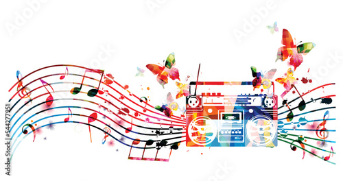 Retro style radio in rainbow colors isolated on white background. Vintage radio receiver with musical notes staff and butterflies. Vector illustration © abstract