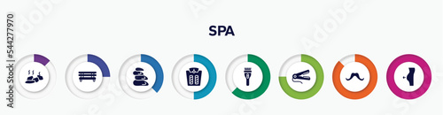 infographic element with spa filled icons. included stones, spa bed, hot stones, weighing, clipper, hair straightener, mustache shape, liposuction vector.