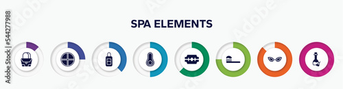 infographic element with spa elements filled icons. included purse, tray, makeup remover, avocado, razorblade, brushing, cat eye glasses, olive oil vector.