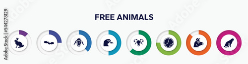 infographic element with free animals filled icons. included sitting rabbit, cloudy sky, sheep head, duck head, ram, tennis ball, lama head, sitting cat vector.