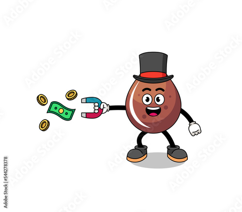 Character Illustration of chocolate drop catching money with a magnet