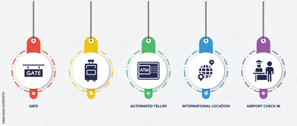 infographic element template with airport and travel filled icons such as gate, , automated teller hine, international location, airport check in vector. infographic element template with airport and travel filled icons such as gate, , automated teller hine, international location, airport check in vector.