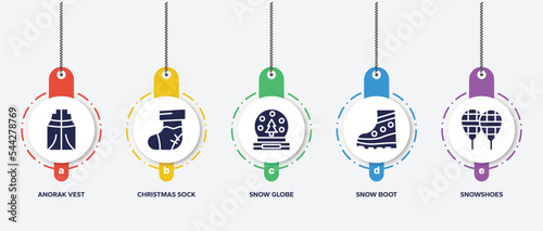 infographic element template with winter filled icons such as anorak vest, christmas sock, snow globe, snow boot, snowshoes vector.