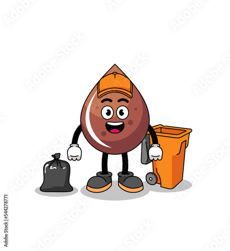 Illustration of chocolate drop cartoon as a garbage collector