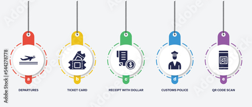 infographic element template with in the frontier filled icons such as departures, ticket card, receipt with dollar, customs police, qr code scan vector.