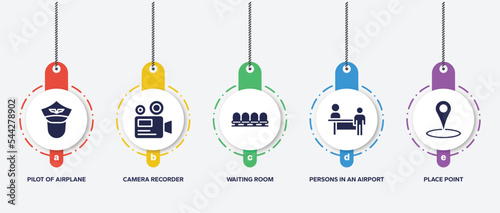 infographic element template with travel and tourism filled icons such as pilot of airplane, camera recorder, waiting room, persons in an airport, place point vector.