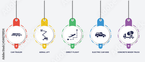 infographic element template with transporters filled icons such as car trailer, aerial lift, direct flight, electric car side view, concrete mixer truck side view vector.