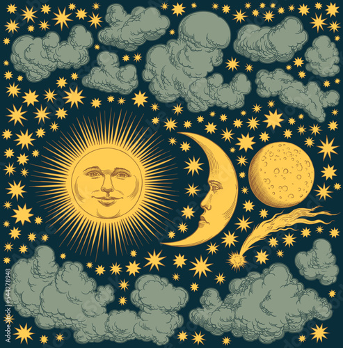 Sun, moon,stars, clouds in the sky. Design set. Editable hand drawn illustration. Vector vintage engraving. Isolated on dark background. 8 eps