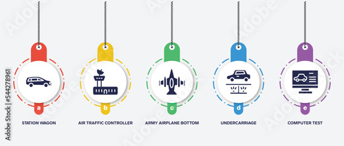 infographic element template with driving school filled icons such as station wagon, air traffic controller, army airplane bottom view, undercarriage, computer test vector.