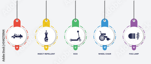 infographic element template with vehicles transport filled icons such as , insect repellent, kick, wheel chair, fog lamp vector.
