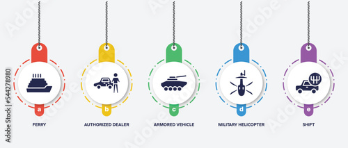 infographic element template with car service filled icons such as ferry, authorized dealer, armored vehicle, military helicopter bottom view, shift vector.