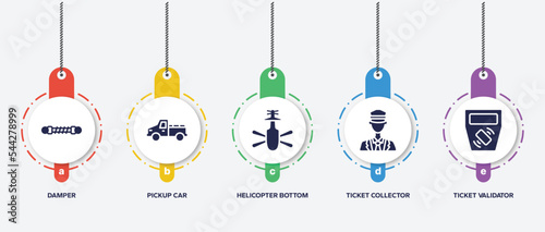 infographic element template with public transportation filled icons such as damper, pickup car, helicopter bottom view, ticket collector, ticket validator vector.