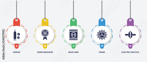 infographic element template with gym filled icons such as doping, down indicator, blue card, crank, electric unicycle vector.