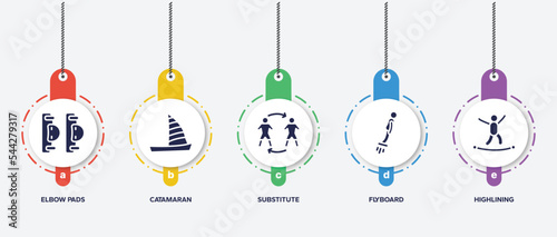 infographic element template with x treme filled icons such as elbow pads, catamaran, substitute, flyboard, highlining vector.