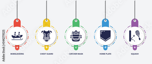 infographic element template with sports filled icons such as bobsledding, chest guard, catcher mask, home plate, squash vector.
