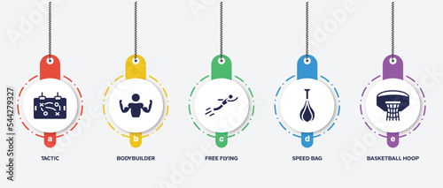 infographic element template with sports filled icons such as tactic, bodybuilder, free flying, speed bag, basketball hoop vector.