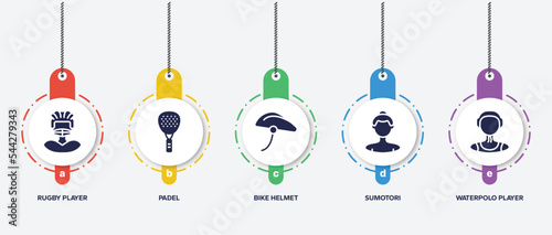 infographic element template with sport avatars filled icons such as rugby player, padel, bike helmet, sumotori, waterpolo player vector.