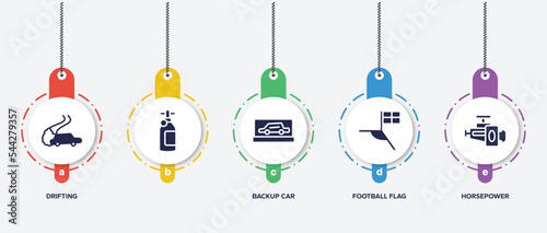 infographic element template with racing filled icons such as drifting, , backup car, football flag, horsepower vector.
