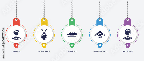 infographic element template with sport avatars filled icons such as gymnast, nobel prize, bobsled, hang gliding, kickboxer vector.