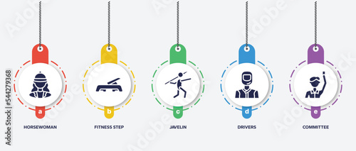 infographic element template with thai boxing filled icons such as horsewoman, fitness step, javelin, drivers, committee vector.