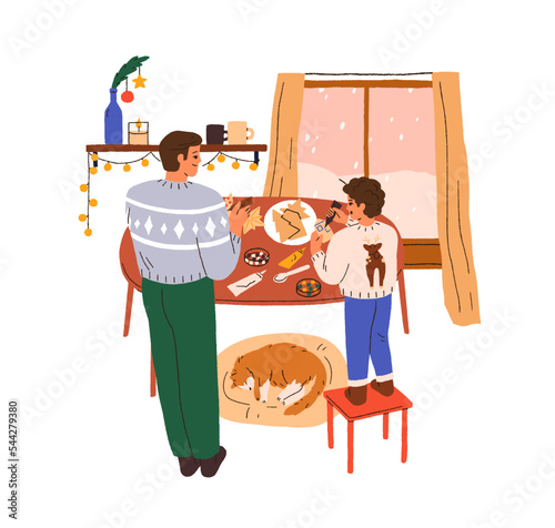 Christmas cook at home. Family cooking, baking gingerbread, ginger cookies at kitchen. Father and sin during winter holiday preparations. Flat vector illustration isolated on white background