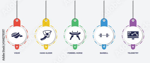 infographic element template with racing filled icons such as visor, hang glider, pommel horse, barbell, telemetry vector.