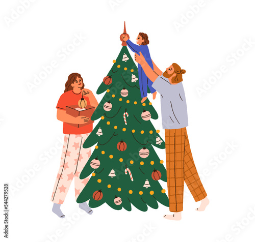 Family decorating festive Christmas fir tree with holiday baubles, ornament. ...