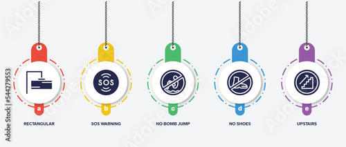 infographic element template with indications filled icons such as rectangular, sos warning, no bomb jump, no shoes, upstairs vector.