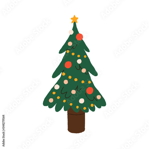 Christmas fir tree in pot. Traditional Xmas spruce decorated with festive bau...