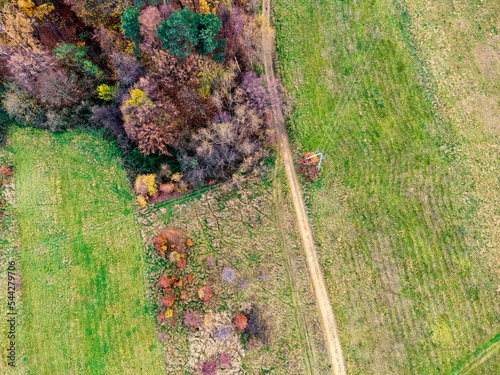 Obraz na płótnie Aerial view. Landscape seen from above. Trees, forest, path, meadow, nature. Photo from a drone. w salonie