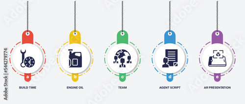 infographic element template with general filled icons such as build time, engine oil, team, agent script, ar presentation vector.