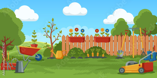 Spring gardening background. Cartoon village landscape with garden tools, spring panorama banner design farming planting concept. Vector illustration