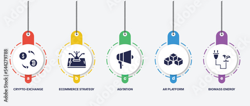 infographic element template with general filled icons such as crypto-exchange, ecommerce strategy, agitation, ar platform, biomass energy vector.