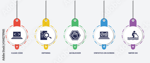 infographic element template with sports filled icons such as clean code, defining, ad blocker, statistics on screen, water ski vector.