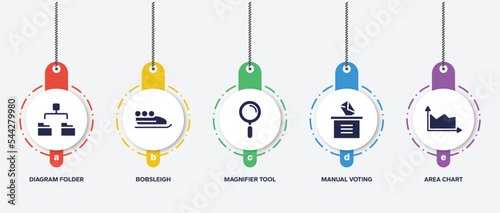 infographic element template with analytics filled icons such as diagram folder, bobsleigh, magnifier tool, manual voting, area chart vector.