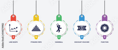 infographic element template with product management filled icons such as line graph, pymarid stats, handball, discount voucher, function vector.