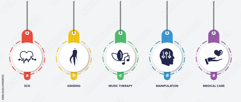 infographic element template with biochemistry and medicine filled icons such as ecg, ginseng, music therapy, manipulation, medical care vector. infographic element template with biochemistry and medicine filled icons such as ecg, ginseng, music therapy, manipulation, medical care vector.