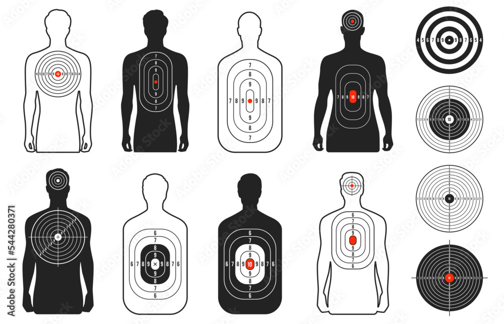 Human target. Shoot range paper with man silhouette, bullet pistol gun