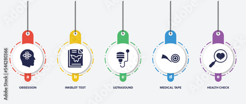 infographic element template with medicaments filled icons such as obsession, inkblot test, ultrasound, medical tape, health check vector.