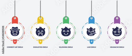 infographic element template with emoji filled icons such as cowboy hat emoji, disgusted emoji, blushing liar headache vector.