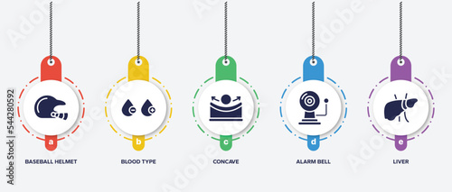 infographic element template with biology filled icons such as baseball helmet, blood type, concave, alarm bell, liver vector.