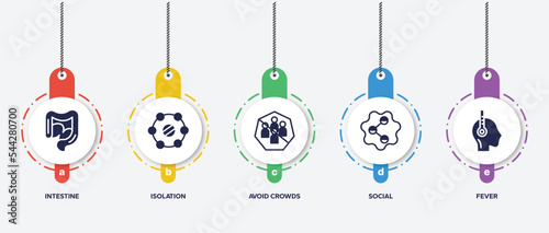 infographic element template with filled icons such as intestine, isolation, avoid crowds, social, fever vector.