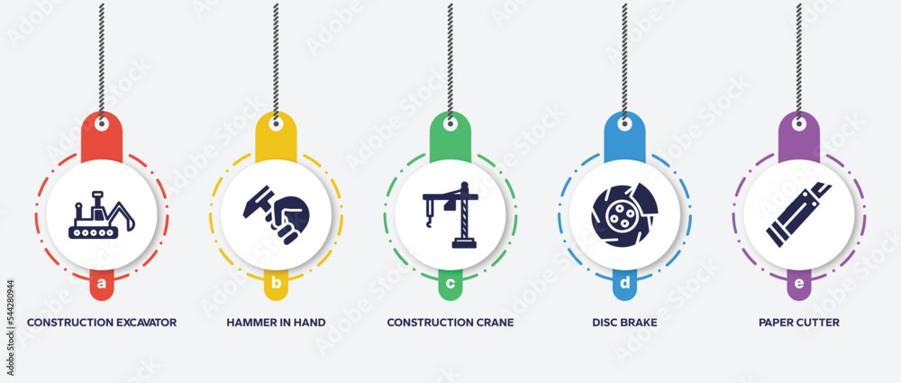infographic element template with do it yourself filled icons such as construction excavator, hammer in hand, construction crane hine, disc brake, paper cutter vector. infographic element template with do it yourself filled icons such as construction excavator, hammer in hand, construction crane hine, disc brake, paper cutter vector.