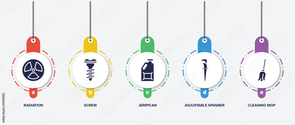 infographic element template with toolbox filled icons such as radiation, screw, jerrycan, adjustable spanner, cleaning mop vector. infographic element template with toolbox filled icons such as radiation, screw, jerrycan, adjustable spanner, cleaning mop vector.