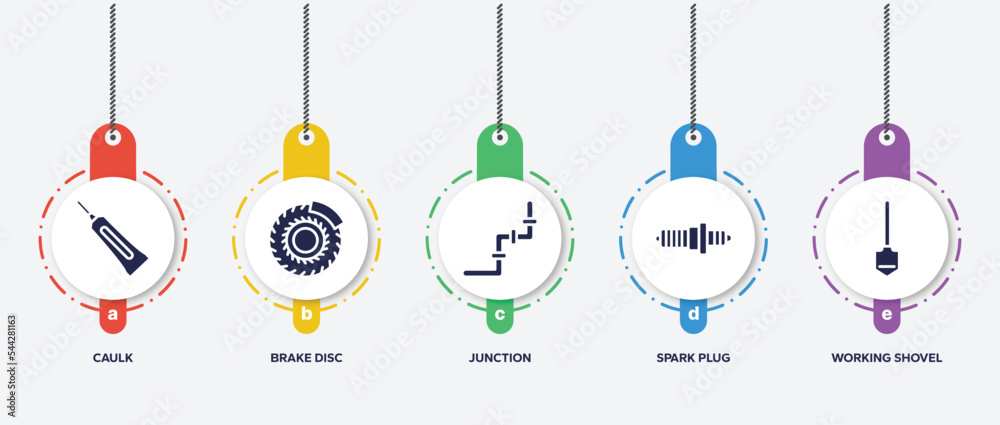 infographic element template with toolbox filled icons such as caulk, brake disc, junction, spark plug, working shovel vector. infographic element template with toolbox filled icons such as caulk, brake disc, junction, spark plug, working shovel vector.