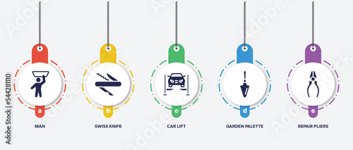 infographic element template with toolbox filled icons such as man, swiss knife, car lift, garden palette, repair pliers vector.