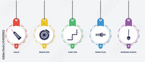 infographic element template with toolbox filled icons such as caulk, brake disc, junction, spark plug, working shovel vector.