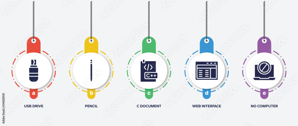 infographic element template with computer devices filled icons such as usb drive, pencil, c document, web interface, no computer vector. infographic element template with computer devices filled icons such as usb drive, pencil, c document, web interface, no computer vector.