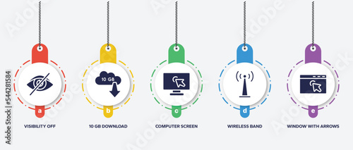 infographic element template with computer and media filled icons such as visibility off, 10 gb download, computer screen with arrow, wireless band, window with arrows vector.