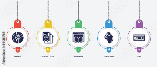 infographic element template with computer and data filled icons such as blu ray, diagtic tool, webpage, trackball, vhs vector.